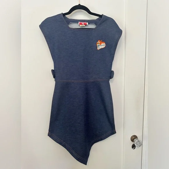 VINTAGE 3-pc 60s/70s denim/plaid print skirt/shirt/tunic set w/apple motif (S) - Picture 6 of 16